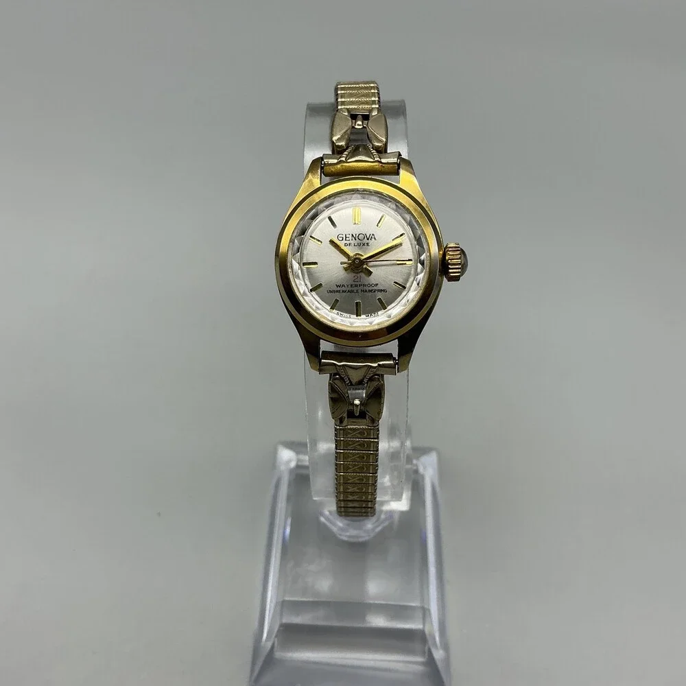 Vintage Genova De Luxe Womens Watch 22mm Gold Tone Stretch Swiss Manual Wind